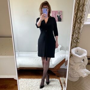 BLACK LONG SLEEVE BUTTON FRONT DRESS TIE BELT MERONA COLLAR